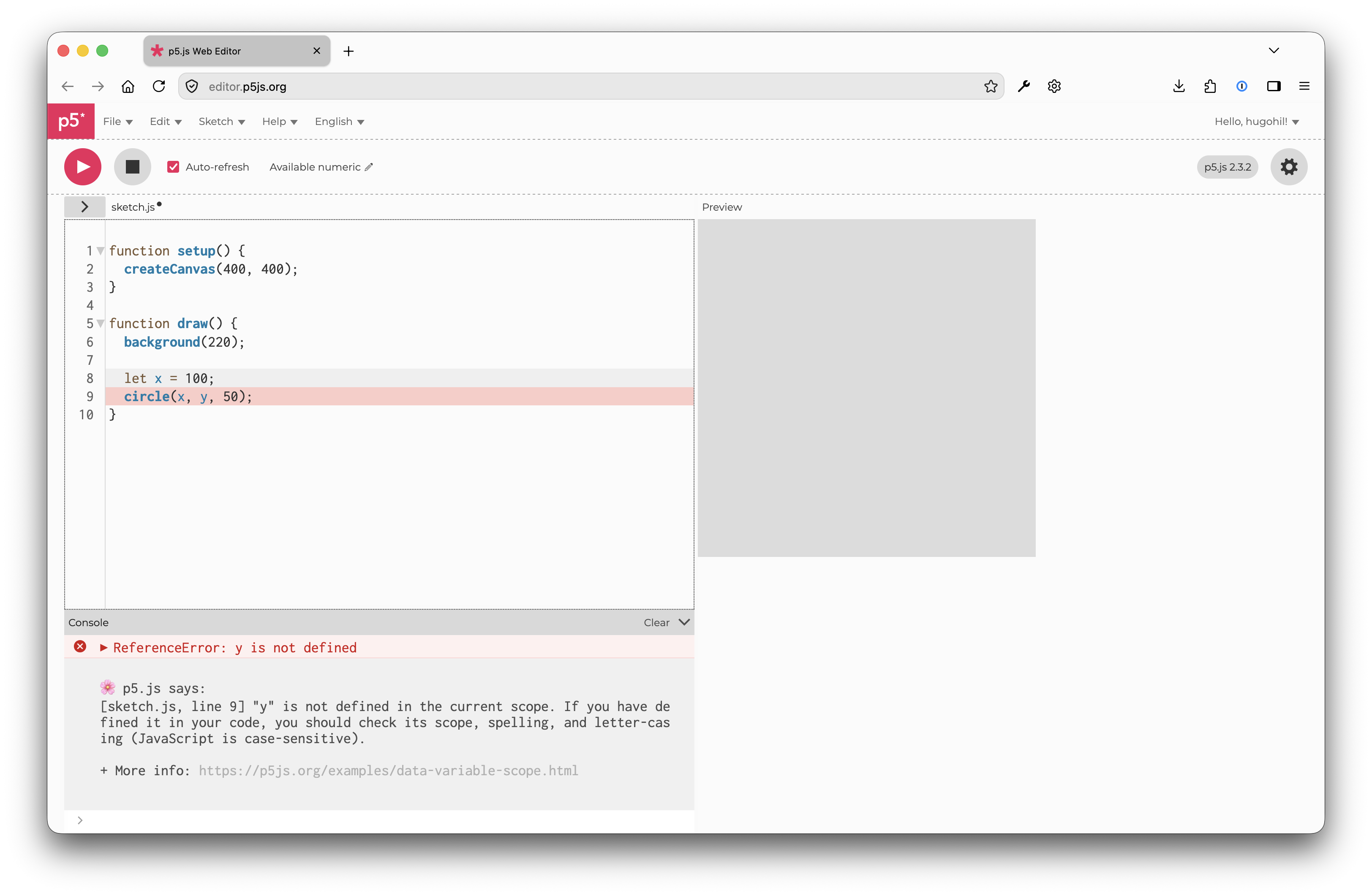 éditeur p5.js avec une erreur